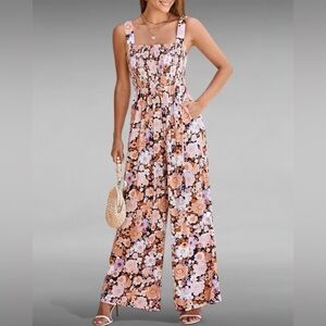 Dokotoo Floral Smocked Jumpsuit, Women’s Size Large, Boho, 70s, Cottagecore